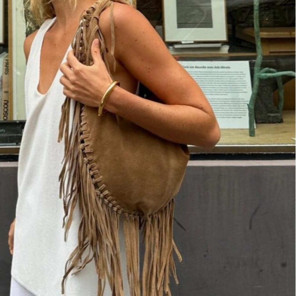 Half Moon Bag Suede - Tas bahu wanita rumbai panjang baru