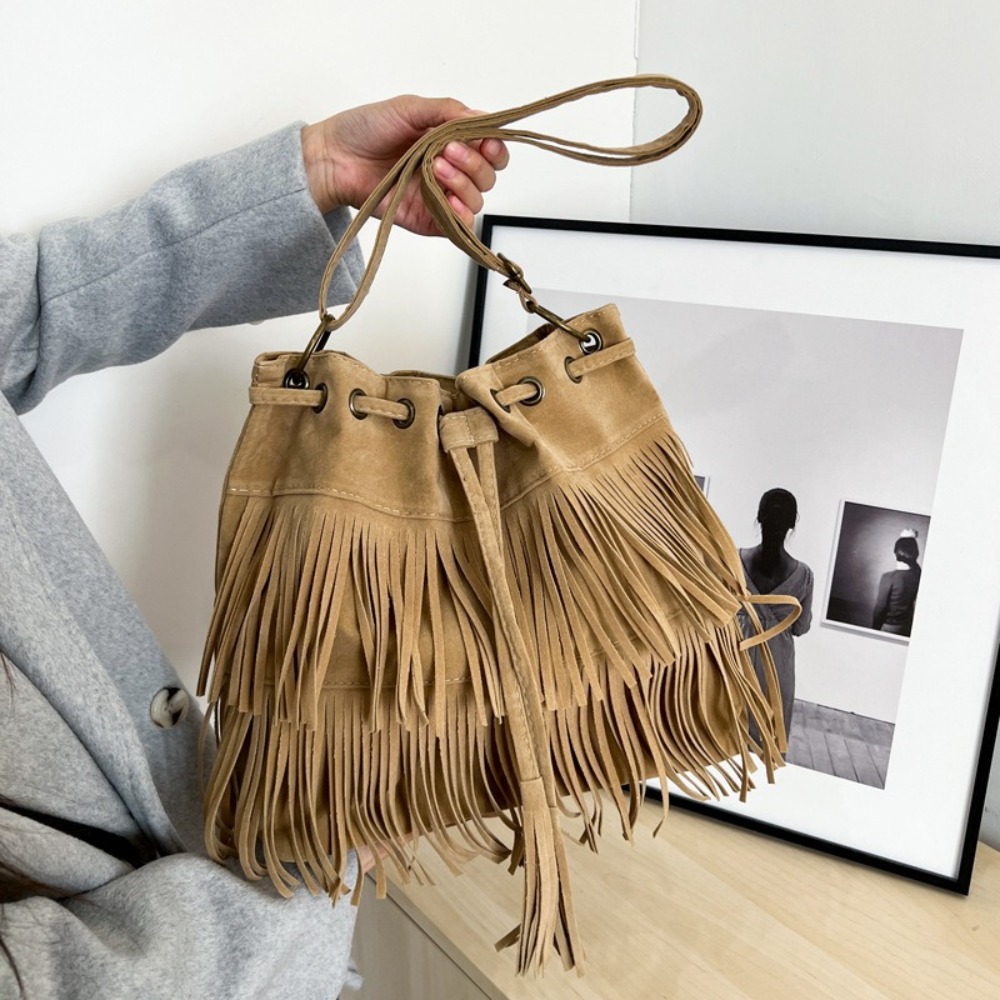 Tas Bahu Rumbai Gaya Korea Kul - Bucket Bag Suede ulasan dan harga
